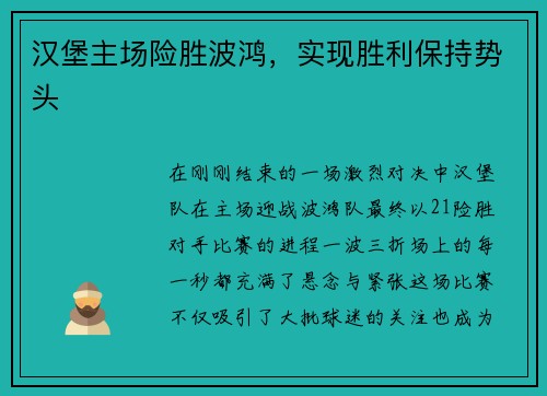 汉堡主场险胜波鸿，实现胜利保持势头